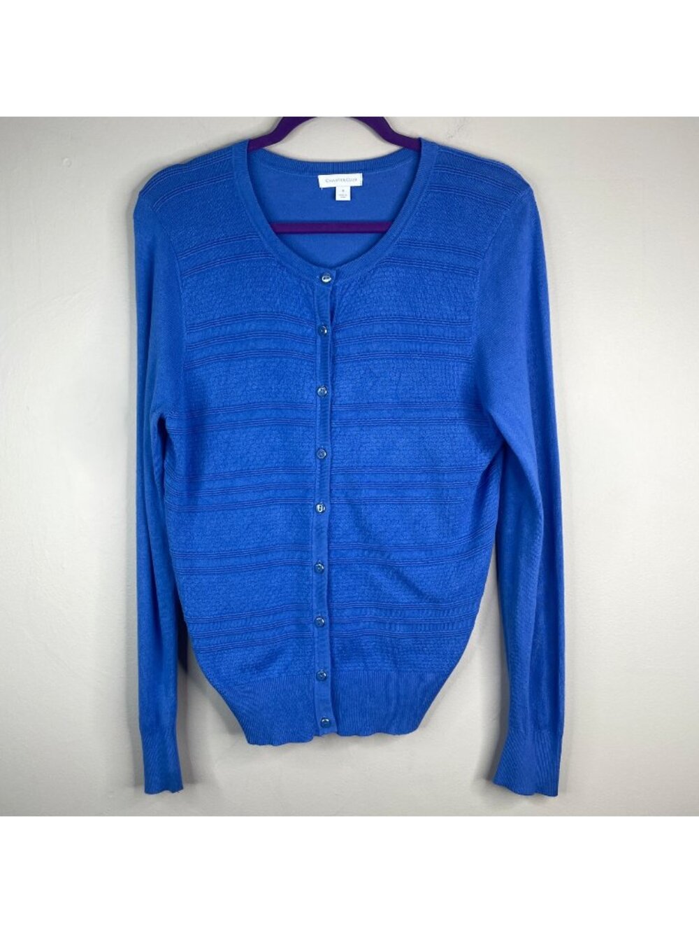 Charter Club Preppy Sweater Medium Cornflower Pointelle Button Up Classic Office